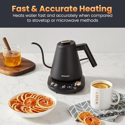 Elite Gourmet EKT3001 1L Digital Water Kettle, 304 Stainless Steel Interior, Programmed Temperatures, Keep Warm Function, Cordless, 360° Base, Auto Off & Audible Indicator, Matte Black