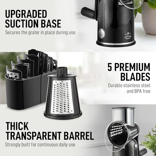 Zulay Kitchen Rotary Cheese Grater 5 Blade Cheese Shredder - Manual Hand Crank Cheese Grater With Reinforced Suction & 5 Interchangeable Drums - Easy to Use, Vegetable Chopper Round Mandoline Slicer - color: Classic | Black