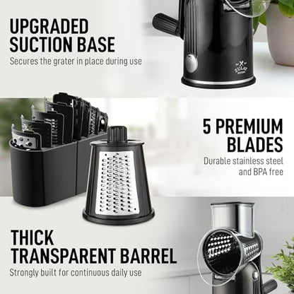 Zulay Kitchen Rotary Cheese Grater 5 Blade Cheese Shredder - Manual Hand Crank Cheese Grater With Reinforced Suction & 5 Interchangeable Drums - Easy to Use, Vegetable Chopper Round Mandoline Slicer - color: Classic | Black