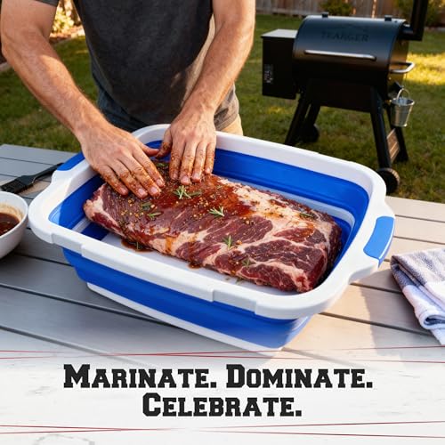 KITCHEN PERFECTION Collapsible XL Smoker & BBQ Prep Tub with Locking Lid & Cutting Board - Grill Caddy Container for Meat Marinating & Brine Perfect For Brisket, Turkey & Ribs - Best Gift For Men - color: Classic Blue