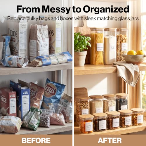 EDELHAUS Glass Storage Containers with Bamboo Lids and Labels - Set of 5 | Extra Thick Square Glass Canisters with Bamboo Wood Lids and 54 Pre-printed Pantry Labels keeps dry Goods Fresh and Organized - color: White Labels - Bamboo Lids - 5 Pack
