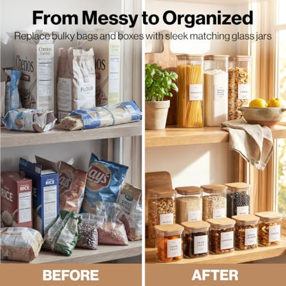 EDELHAUS Glass Storage Containers with Bamboo Lids and Labels - Set of 5 | Extra Thick Square Glass Canisters with Bamboo Wood Lids and 54 Pre-printed Pantry Labels keeps dry Goods Fresh and Organized - color: White Labels - Bamboo Lids - 5 Pack