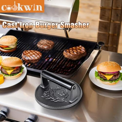 COOKWIN 7" Cast Iron Smash Burger Press Kit, Heavy-Duty Hamburger Smasher with Non-Slip Handles and 50 pcs Patty Paper, 2.1 lb Bacon Meat Weight Press for Steak, Smashburger, Grill and BBQs - color: 7 inch Black