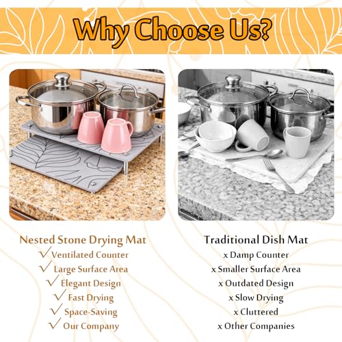 2PCS Nesting Stone Drying Mat for Kitchen Counter, Diatomaceous Earth Dish Drying Mat with Non-Slip Feet, Quick Dry Stone Mats Kitchen, Heat Resistant Stones Dish Dry Mats for Bottle Cup