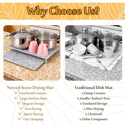 2PCS Nesting Stone Drying Mat for Kitchen Counter, Diatomaceous Earth Dish Drying Mat with Non-Slip Feet, Quick Dry Stone Mats Kitchen, Heat Resistant Stones Dish Dry Mats for Bottle Cup