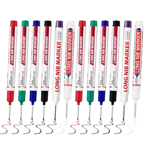 12 PCS Long Head Deep Hole Marker Pens,20mm Long Nib Marker, Longs Nose Markers, Waterproof Construction Markers Marking Tool,Permanent Markers Carpenter Ink marker Pens,Metal marking Pens - color: 12PCS-20MM-Red/Blue/Green/Black/White/Purple