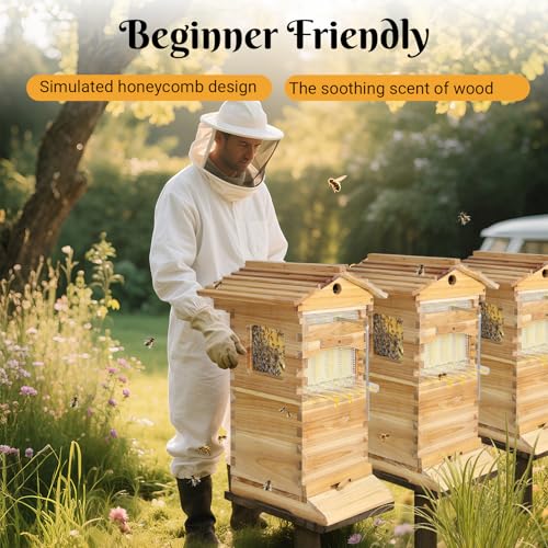 Bee Hive,Auto-Harvest Honey Beehive Wooden Box,Auto Bee Hives Boxes Starter kit with with Observation Chamber,Beehives and Supplies Starter Kit for Beekeepers