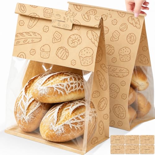 Extra Large Bread Bags for Homemade, 50 Count, 50% Thicker Sourdough Paper With Ties, 15.7 * 10.2 * 5.1 in, Tin Tie Tab Lock Bakery Bags With Window and Sealing Stickers for Storage Packaging Gifting - color: No print