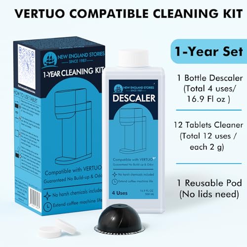(12 Months Supply) Descaling Kit Compatible with Nespresso Vertuo, Odorless Coffee Brewer Machine Descaler Set, Liquid Descaling Solution for Nespresso, Includes Reusable Pod and 12 Cleaning Tablets - style: Descaling Kit for Nespresso Vertuo