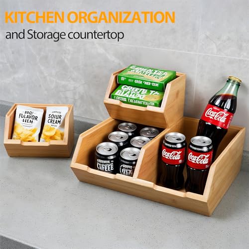 3 Pack Stackable Bamboo Pantry Storage Bins Fruit Food Storage Organizer | Bamboo Potato Onion Storage Bins - Pantry Organizers for Kitchen Countertop, Food Storage Containers for Fruits Vegetables