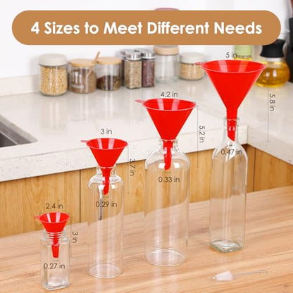 4 PCS Plastic Kitchen Funnel Set with Clean Brush, Food Grade Funnel for Kitchen Use Filling Bottles, Liquid, Protein Powder, Multifunctional Funnels for Cooking, Lab and Automotive Use