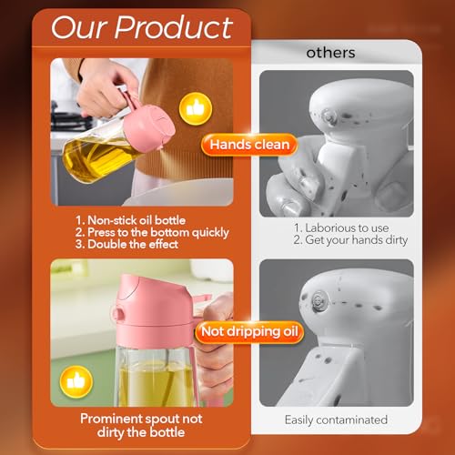 YARRAMATE 16oz/470ml Oil Sprayer for Cooking with Stickers, Food-grade Premium 2 in 1 Olive Oil Dispenser Bottle for Kitchen Gadgets, Air Fryer, Salad, Frying, BBQ (Pink) - color: 06_1Pc Pink