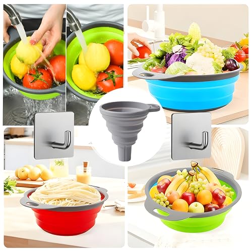 UVB Collapsible Colander Set, Space-Saving Foldable Kitchen Strainer for Pasta, Vegetables & Fruit, Colander for Kitchen with 2 Stainless Steel Hooks & 1 Silicone Funnel – Green - color: Green