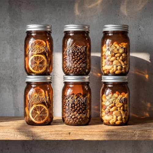 Rubtlamp Amber Mason jar 32 oz, 12 Pack Glass Jars - Wide Mouth Mason Jars with Airtight Lids for Pickling, Fermenting, Food Storage&DIY Crafts, Microwave & Dishwasher Safe - color: Amber