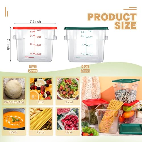 Maxcheck 4 Pcs 4qt Food Storage Container with Lids Bulk Clear Plastic Commercial Food Storage Bins with Scale Handle Space Saving Restaurant Tubs for Kitchen Prep Proof Dough(Red, Green) - color: Red, Green