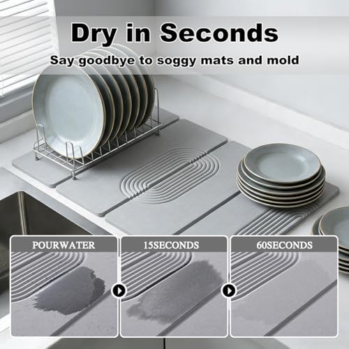 Large Stone Dish Drying Mat for Kitchen Counter,Collapsable Stone Dish Drying Mat with Diatomaceous Earth for Quick Drying-Ultra Absorbent-Eco-Friendly,Foldable -23.6"×15.7" Light Gray Curved Grooves - color: HXTY-Light Gray
