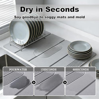 Large Stone Dish Drying Mat for Kitchen Counter,Collapsable Stone Dish Drying Mat with Diatomaceous Earth for Quick Drying-Ultra Absorbent-Eco-Friendly,Foldable -23.6"×15.7" Light Gray Curved Grooves - color: HXTY-Light Gray