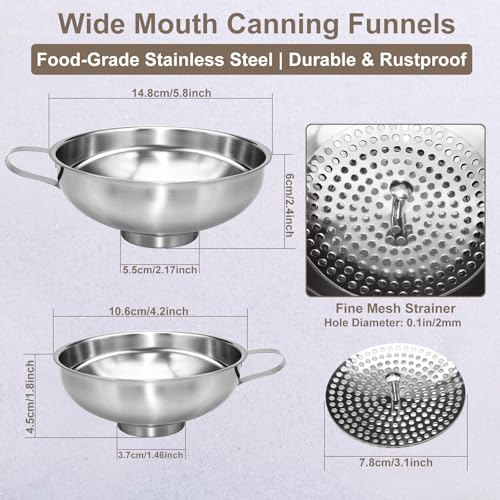 Canning Funnel with Strainer, 2 Pcs Wide Mouth Canning Funnels for Filling Jars, Food-Grade Stainless Steel Canning Funnels for Kitchen