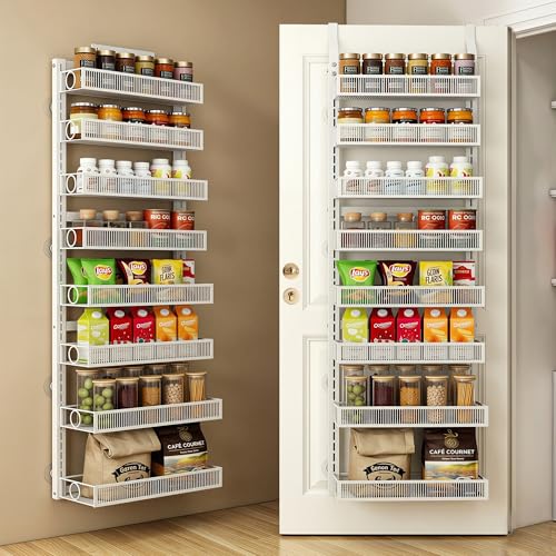 Over the Door Pantry Organizer 8 Tiers Hanging or Wall Mounted Spice Rack with Adjustable Basket,Heavy Duty Metal Seasoning Organizer Shelf for Kitchen Pantry and Bathroom - color: White-Acrylic, size: 8 Tiers