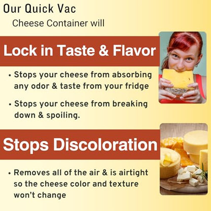 The Quick Vac: Only Airtight Vacuum Sealed Cheese Saver Container - Perfect For Keeping Cheddar, Parmesan, Shredded, Sliced, Grated, Blue, Swiss, Cottage & Cream Cheese in the Fridge