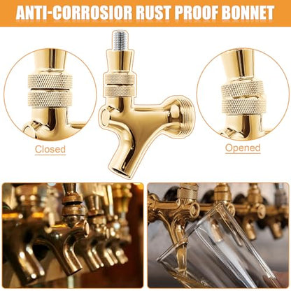 Golden Kegerator Tap Beer Faucet, 2Pcs All 304 Stainless Steel Draft Keg Tap Beer Tower Faucet with Beer Covers Caps Plugs, Beer Dispenser Kegerator Parts for Homebrew