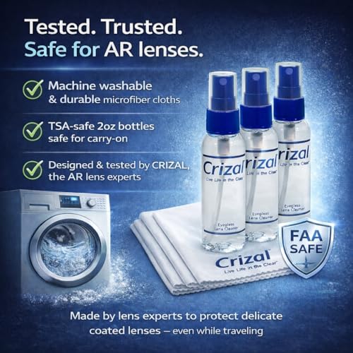 Crizal Lens Cleaning Kit – 3 Cloths +3 Solutions – Designed & Tested for AR-Coated Lenses – Complete AR Lens Care System - color: 2oz Spray W/Cloth, 3 Pack