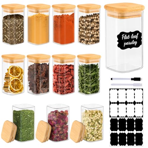 TBWIND 12 Pack 8 oz Square Glass Spice Jars with Lids and Labels – Airtight Small Spice Containers Set, Clear Glass Storage Jars for Seasoning, Spices, Kitchen Pantry Organization - color: Square/8oz/12pcs