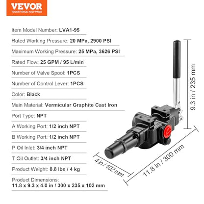 VEVOR Hydraulic Log Splitter Valve 1 Spool, 25 GPM Hydraulic Directional Control Valve, 3626PSI Hydraulic Loader Valve, Hydraulic Joystick Control Valve for Small Tractors, Loaders, Log Splitter