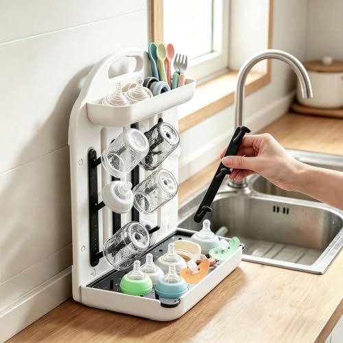 Baby Bottle Drying Rack, Modular Vertical Bottle Drying Rack for Baby Bottles, Pump Parts and Pacifiers, Space Saving Countertop Baby Bottle Organizer with 12 Hooks, Stable Base and Drip Tray (Black)