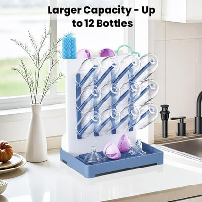 Baby Bottle Drying Rack: Vertical Space Saving Large Bottles Holder - Standing Boon Dryer Rack Baby Accessory - Countertop Holds Up to 12 Bottles & Pump Part Cleaning & Cup (Blue) (Blue) - color: Blue