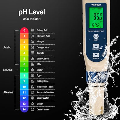 VIVOSUN 5-in-1 Digital PH Meter with PH/Salinity/TDS/EC/Temperature Function, Backlight Screen, IP67 Waterproof for Hydroponics, Home Drinking, Pool and Aquarium - color: Blue