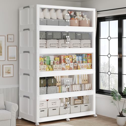 1200QT Extra Large Stackable Storage Bins with Lid & Wheels & Doors, 300Gal Foldable Collapsible Closet Organizers, Plastic Cabinet Box Container Drawer for Home Kitchen Bedroom, 5Pack White - color: White, size: 240QT-5Pack