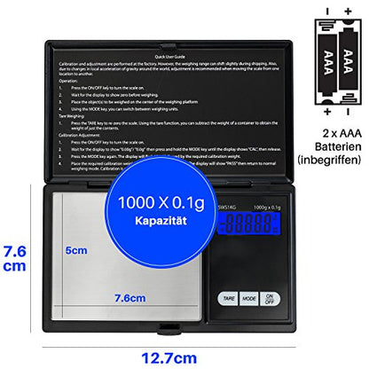 Smart Weigh Digital Pocket Scale – 1000g x 0.1g Precision – Ideal for Jewelry, Food, Herbs, and Medicine – Stainless Steel Platform with Protective Cover – Black (Battery Included) - size: 1000g / 0.1g
