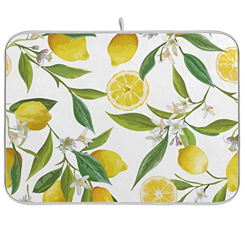 Absorbent Dish Drying Mat for Kitchen Counter - Yellow lemon and flower Microfiber Drying Pad, Reversible Drainer Mats for Countertop, Medium 16 x 18 inch - color: 3 Yellow Lemon and Half Lemon, size: M