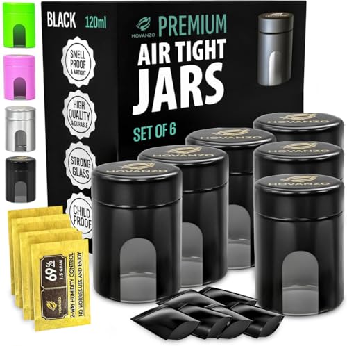 Premium Airtight Glass Storage Jars 120ml with 69% Humidity Control 6 Packs - UV Air Tight Jars with Child-Resistant Lid - Airtight Jar Container, Air Tight Storage,Storage Jars for Herb/Spice - color: Black, size: 120 ML - 6Pcs