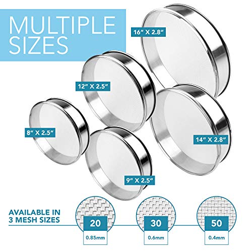 Vollum Stainless Steel Flour Sifter Fine Mesh Round Flour Sieve for Baking 9.5" Diameter x 2.5" High; 20 Mesh (Hole Size 0.85mm) - size: 9.5" Dia. x 2.5" High
