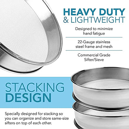 Vollum Stainless Steel Flour Sifter Fine Mesh Round Flour Sieve for Baking 12" Diameter x 2.5" High; 20 Mesh (Hole Size 0.85mm) - size: 12" Dia. x 2.5" High