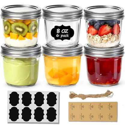 ComSaf 8 oz Wide Mouth Mason Jars, 6 Pack Small Half Pint Jars with Lids | BPA-Free, Half-Pint Portion, Chunky Salsa, Overnight Oats, Party Favors, Meal Prep, DIY Candles, Labels and Twine - size: 8oz*6 wide mouth