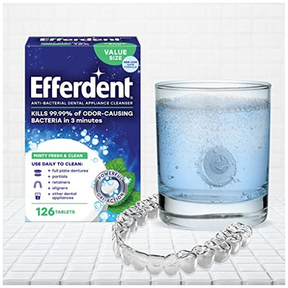 Efferdent Retainer Cleaning Tablets, Denture Cleaning Tablets for Dental Appliances, Minty Fresh & Clean, 126 Count (Pack of 2) - size: 126 Count (Pack of 2)