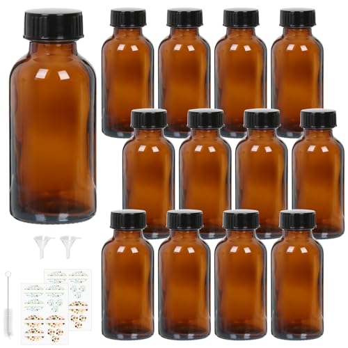 STARSIDE 12-Pack 4oz Amber Glass Bottles with Leakproof Lids | 120 ml Round Boston Bottles for Essential Oils, Hot Sauce, Juice, Liquids, Includes 1 Brush, 1 Funnel, 12 Labels - size: S
