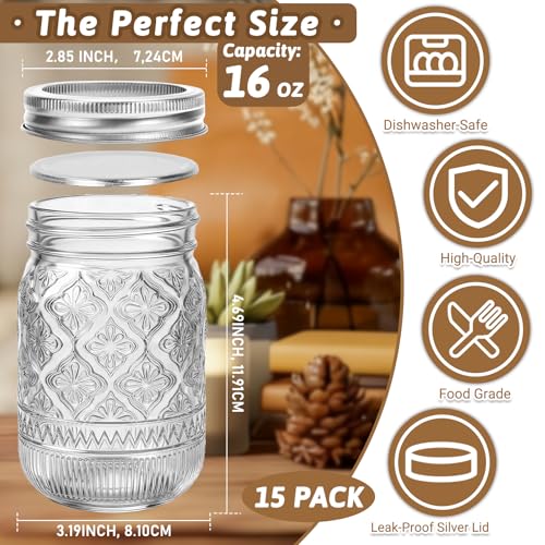 16 oz Embossed Mason Jars 15 Pack, Regular Mouth Pint Glass Canning Jars with Airtight Lids and Bands, Ideal for Overnight Oats, Meal Prep, Pickling, Fermenting, Food Storage, DIY Crafts & Gifts - color: Clear03-16oz