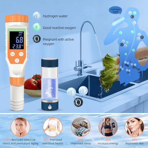 7-in-1 Hydrogen Water Tester, Digital pH TDS EC ORP Salt Temp Meter for Drinking Water, Filtered Water, Juice, Coffee, Hydrogen-Rich Water Bottle Tester