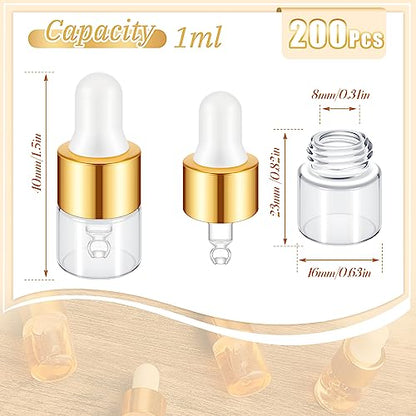Didaey 200 Pcs 1/2/3/5/10/15 ml Mini Glass Oil Dropper Bottle Bulk, Clear Essential Small Empty Bottles Sample Containers Perfume Liquid Vials with Cap for Traveling (1 ml,Champagne Gold) - color: Champagne Gold, size: 1 ml