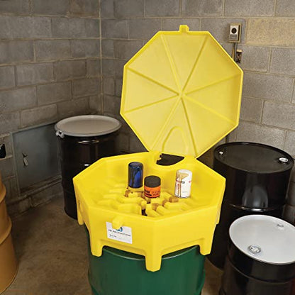 PIG Poly Drum Funnel | Hinged Lid | for 55 Gal Tight-Head Steel & Poly Drums | 29" D x 11" H | Yellow | DRM672-YW - color: Yellow