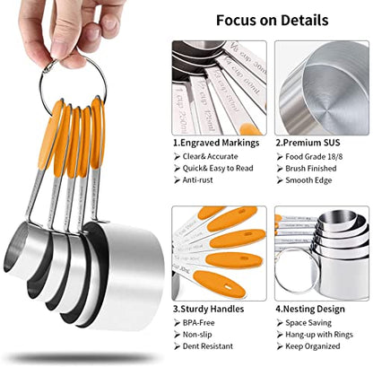 SEEK42 Measuring Spoons and Cups Set of 10 Pieces, Stainless Steel Measuring Utensils with BPA-Free Silicone Grips,Metal Scale Tools for Kitchen Cooking Baking, Dishwasher-Safe (Orange)