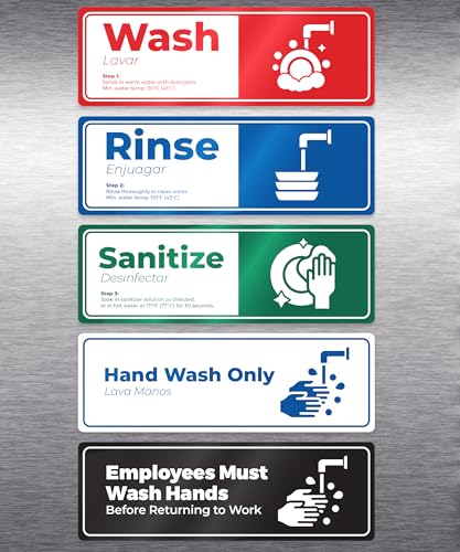 5 Pack Wash Rinse Sanitize Sink Labels - 3"x9", Waterproof Sticker Signs, 3 Compartment Sink Labels - Restaurant Supplies, Food Truck, Dishwashing Wash Station - color: 5 Pack (Set 2)