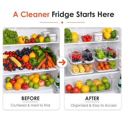 SMRCAD 10 Pack Clear Fridge Organizer Bins with Drain Trays - Stackable | BPA-Free PET, 10 Pack: 10 lidded Bins (Not drawer), Helps Keep Produce Fresh, 17.4L Capacity, Hand Wash Only - size: 10 Bins (No Pull-out Drawer)