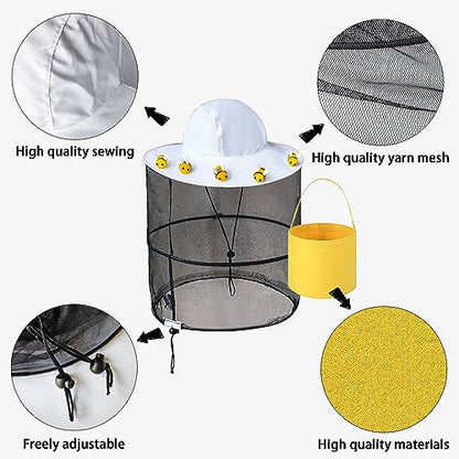 17pcs Beekeeper Set Includes1pc Beekeeper Veil Hat 5pcs Wool Felt Bees 10pcs Round Double Sided Tape 1pc Yellow Felt Bucket for Bee Keeper Catcher Halloween Costume for Adult