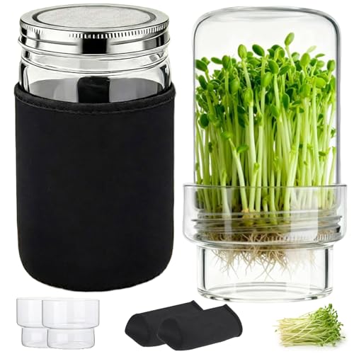 Sprouting Jar Kit, 2 Pack Wide Mouth Mason Jar Sprouter with Stainless Stee Screen Lids & Mess-Free Drip Covers Complete Indoor Microgreens Growing Kit Broccoli Alfalfa Gardening Gift