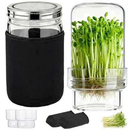 Sprouting Jar Kit, 2 Pack Wide Mouth Mason Jar Sprouter with Stainless Stee Screen Lids & Mess-Free Drip Covers Complete Indoor Microgreens Growing Kit Broccoli Alfalfa Gardening Gift